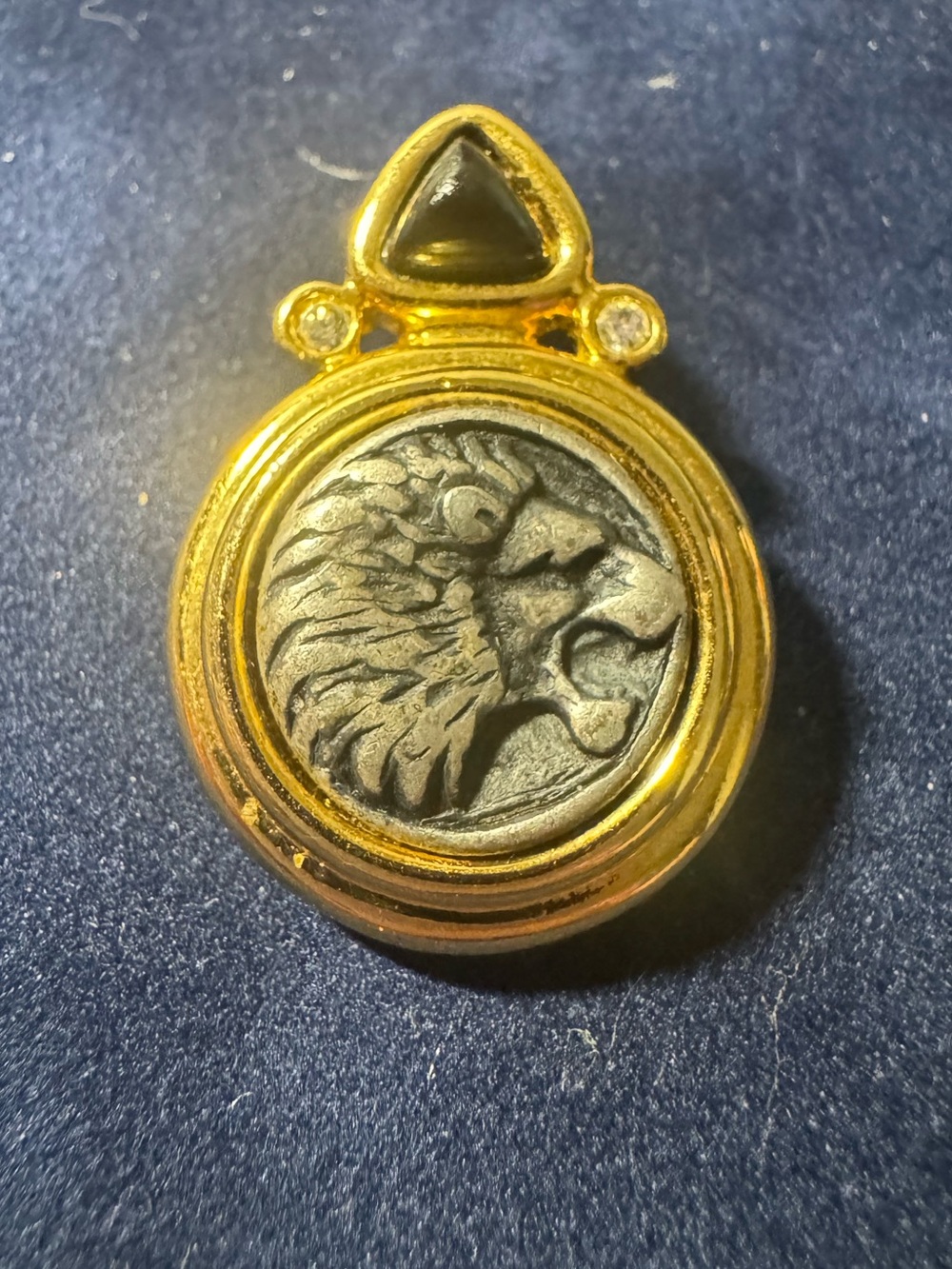 Vintage Jesara Silver and Gold Lion Medallion Pendant with Black Accent
